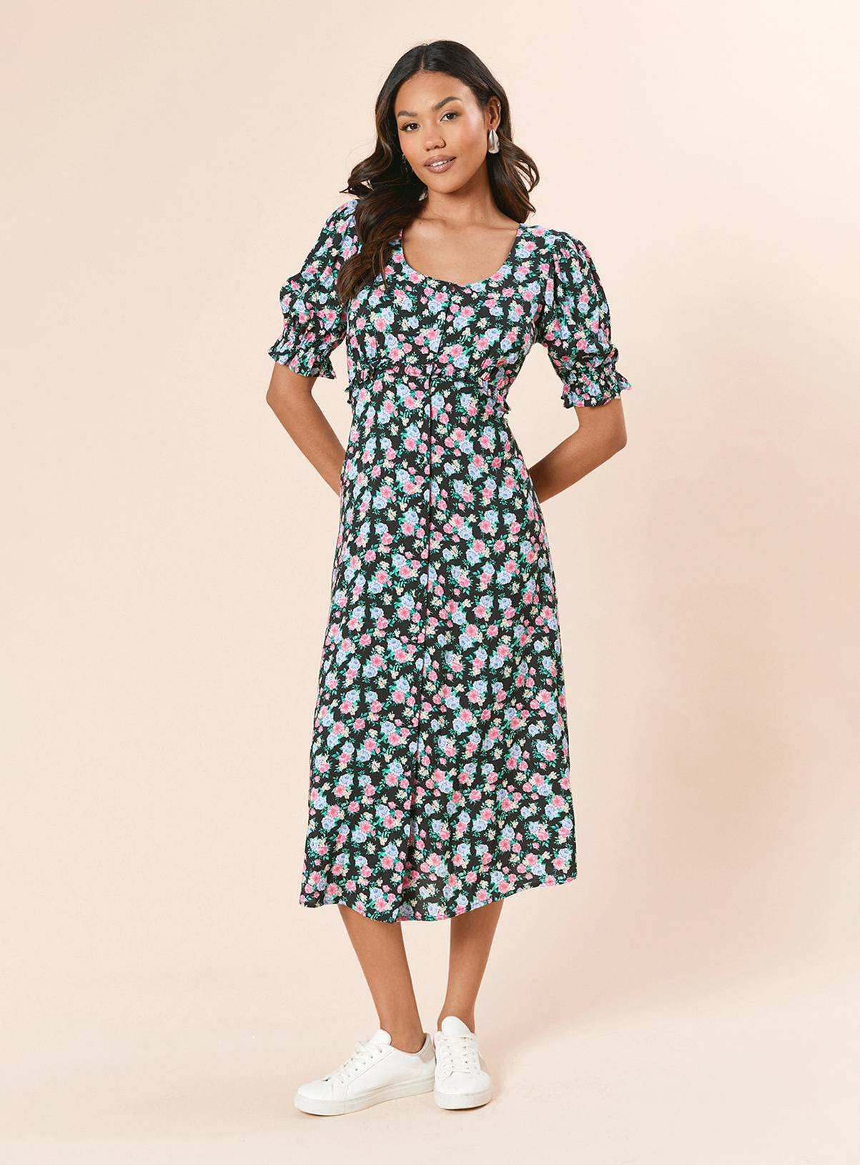 DOROTHY PERKINS Floral Button Front Puff Sleeve Midi Dress 10 - Image 1